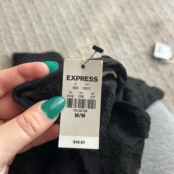 Express Women Medium M Black Lace Top Zip Back Stretch Fitted Goth 90s Rock Y2k - Picture 4 of 11